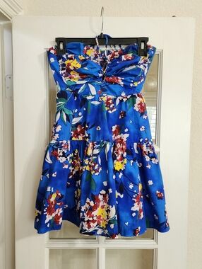 Anthropologie Blue Floral Halter Mini Dress XS Smocked Back Tiered Cotton